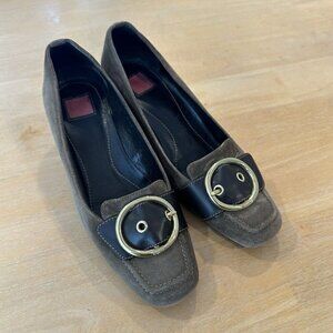 Coach Loafers Womens Sz 7 Brown Suede Slip On Gold Buckle Wedged Shoes Preppy